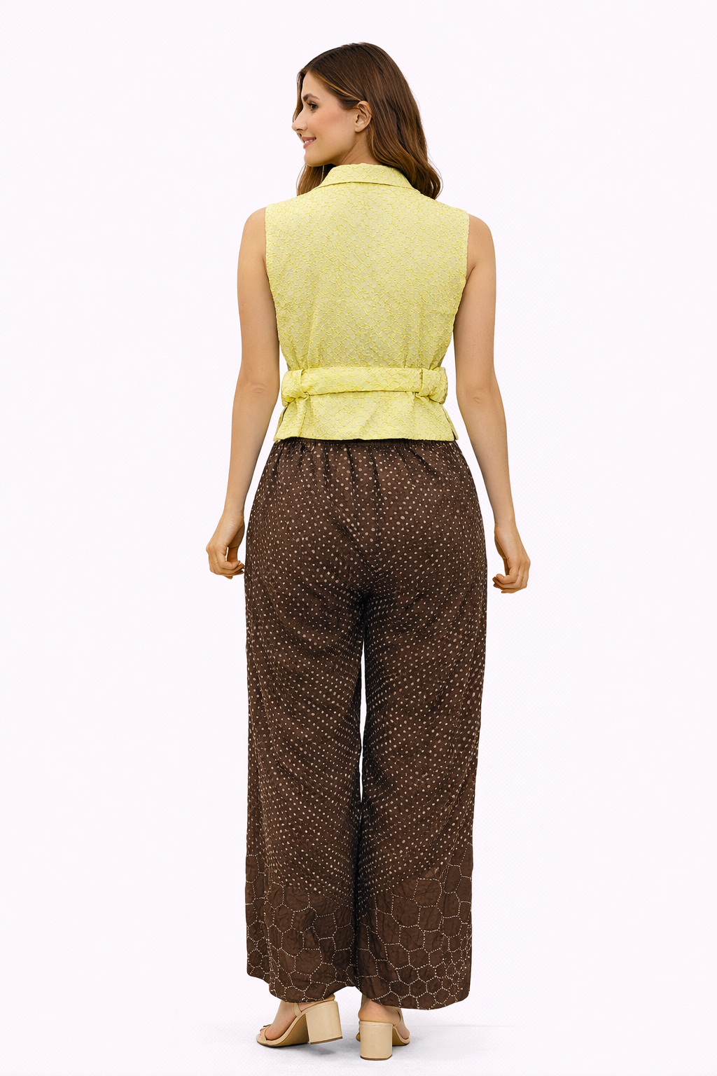 Crushed bandhani sleeveless shirt with belt and Boho Pants