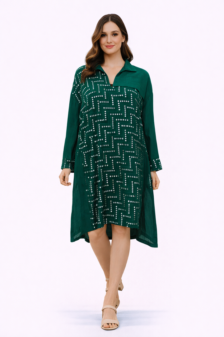 Mirrorwork Panel Shirt with Pocket Bottle Green