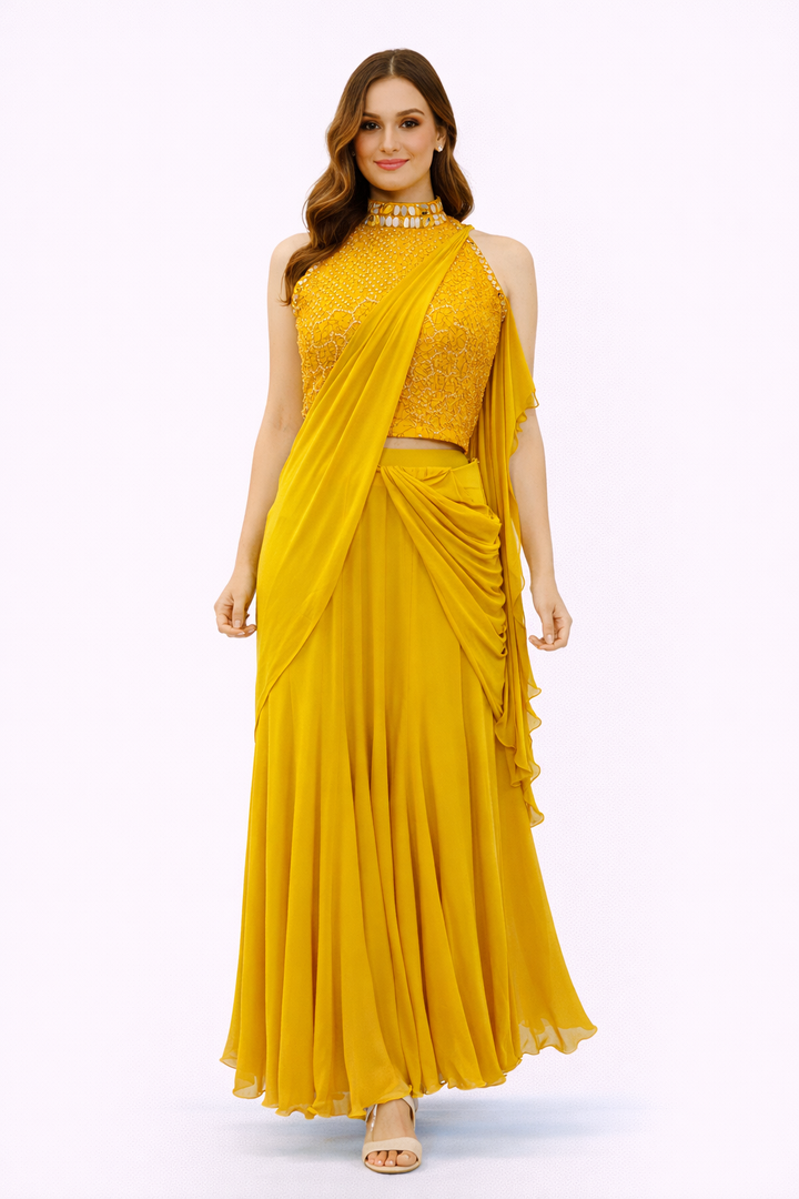 Yellow Lehenga Saree Set