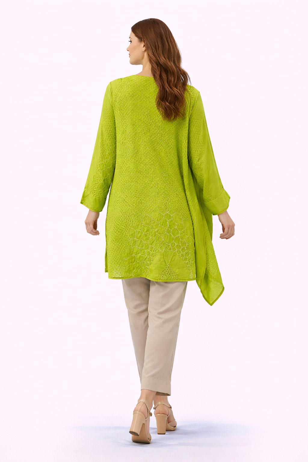 Full sleeve tunic in crushed bandhani with twill straight pants