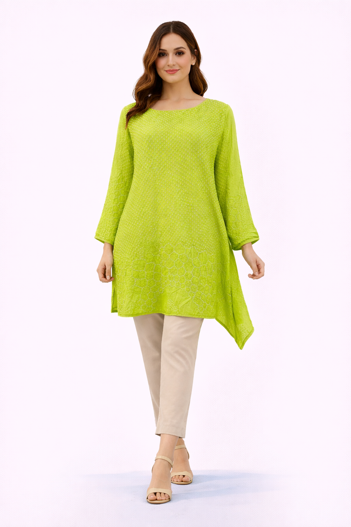 Full sleeve tunic in crushed bandhani with twill straight pants