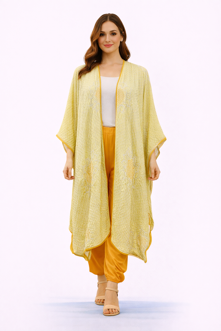 Sunflower Bandhani Overlay with Lapels and ombre Mirrorwork Tulip Dhotis