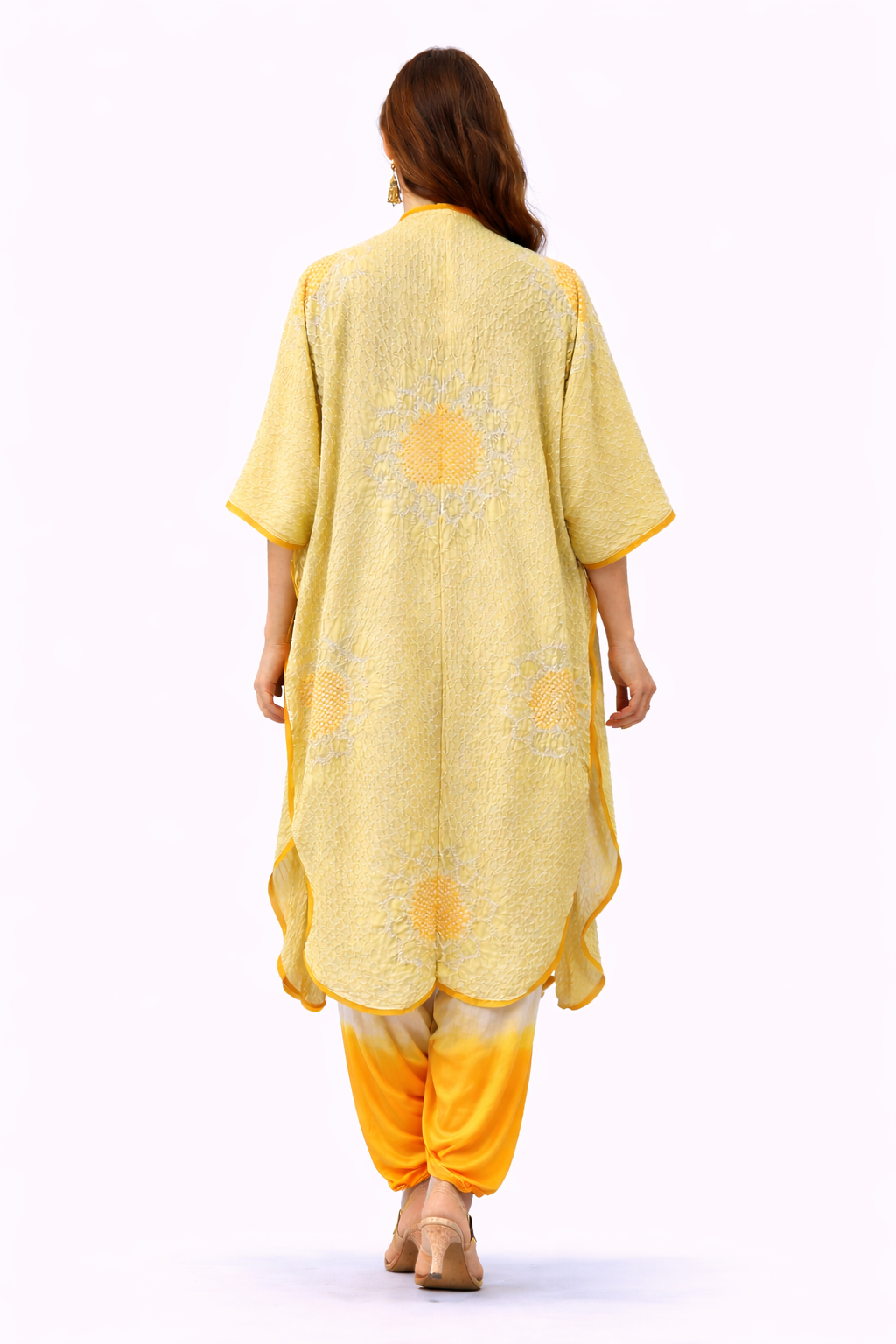 Sunflower Bandhani Overlay with Lapels and ombre Mirrorwork Tulip Dhotis