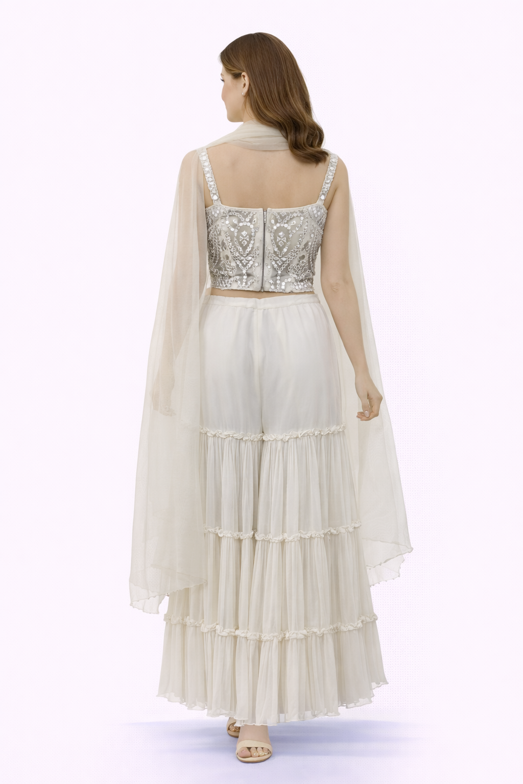 Mirrorwork top with Embellished Layered Shararas in Crinkled Chiffon