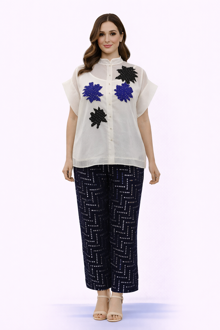 Organza Bandhani Applique Cap Sleeves Top and Cigarette Pants