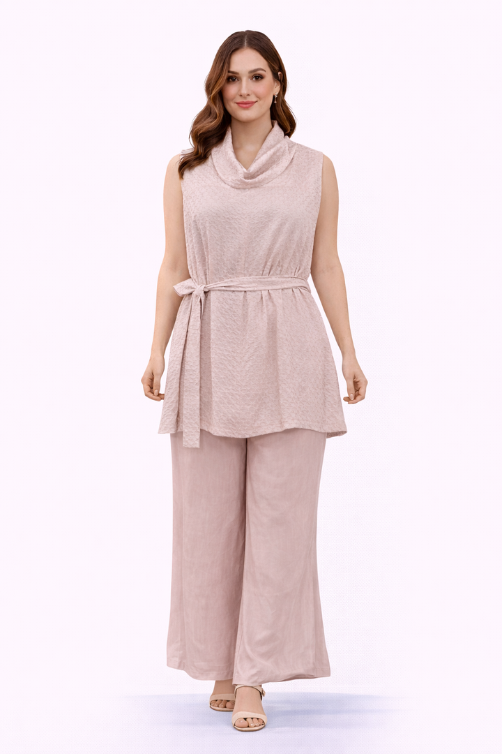 Cowl Neck Dress Top with flared twill pants