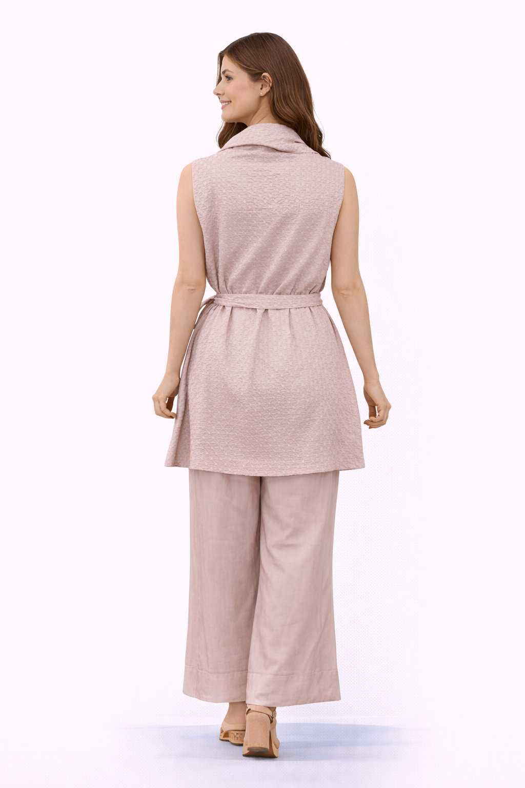 Cowl Neck Dress Top with flared twill pants