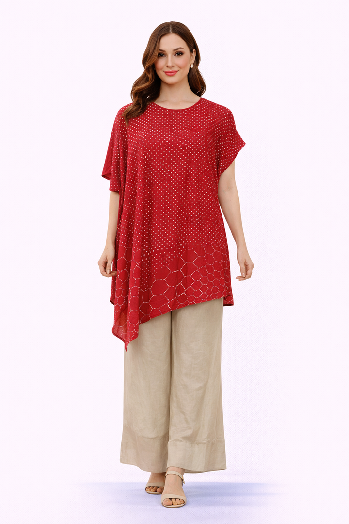 Asymmetric crushed bandhani tunic with flared bottom
