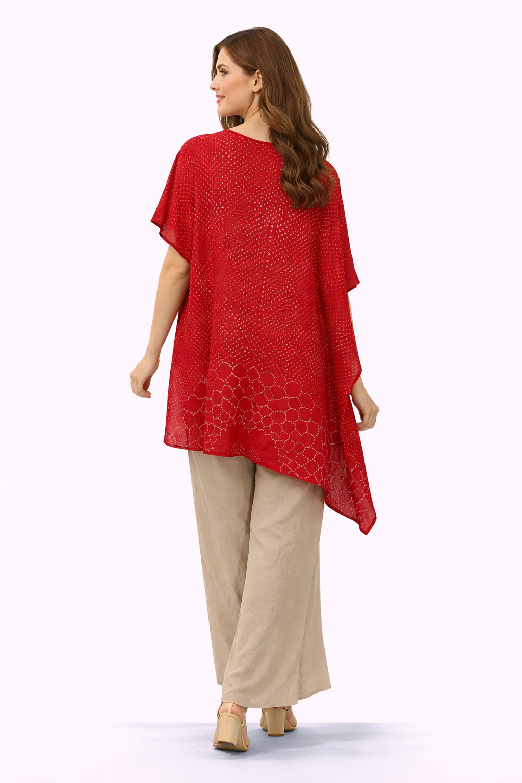 Asymmetric crushed bandhani tunic with flared bottom