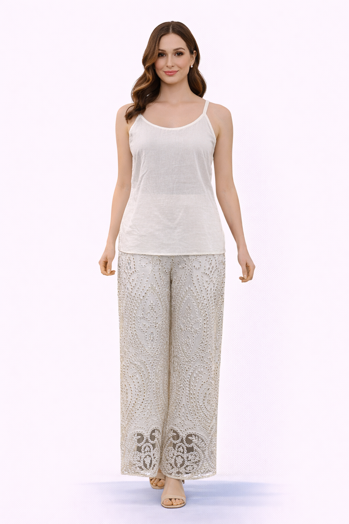 Inner with Mirrorwork on Neckline and Jaaliwork Flared Pants
