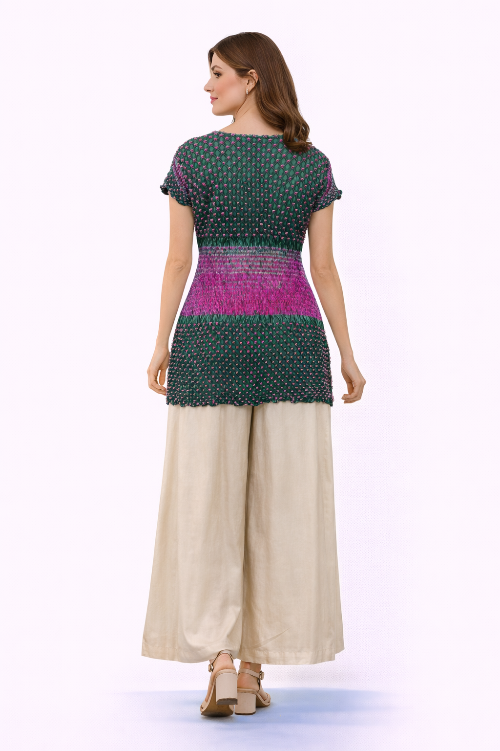 Crushed Bandhani Short Top with Cinched Shibori Waist  and Mirrorwork Flared Palazzo Pants