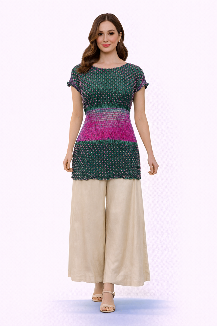Crushed Bandhani Short Top with Cinched Shibori Waist  and Mirrorwork Flared Palazzo Pants