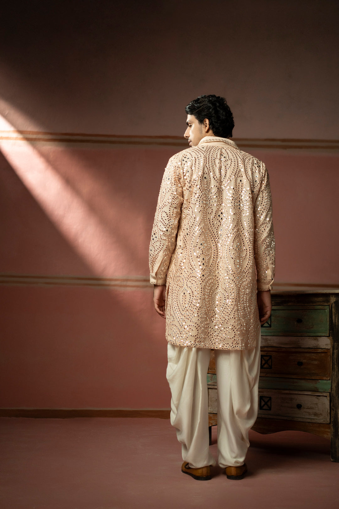 Blush Peach Mirrorwork Pathan Suit