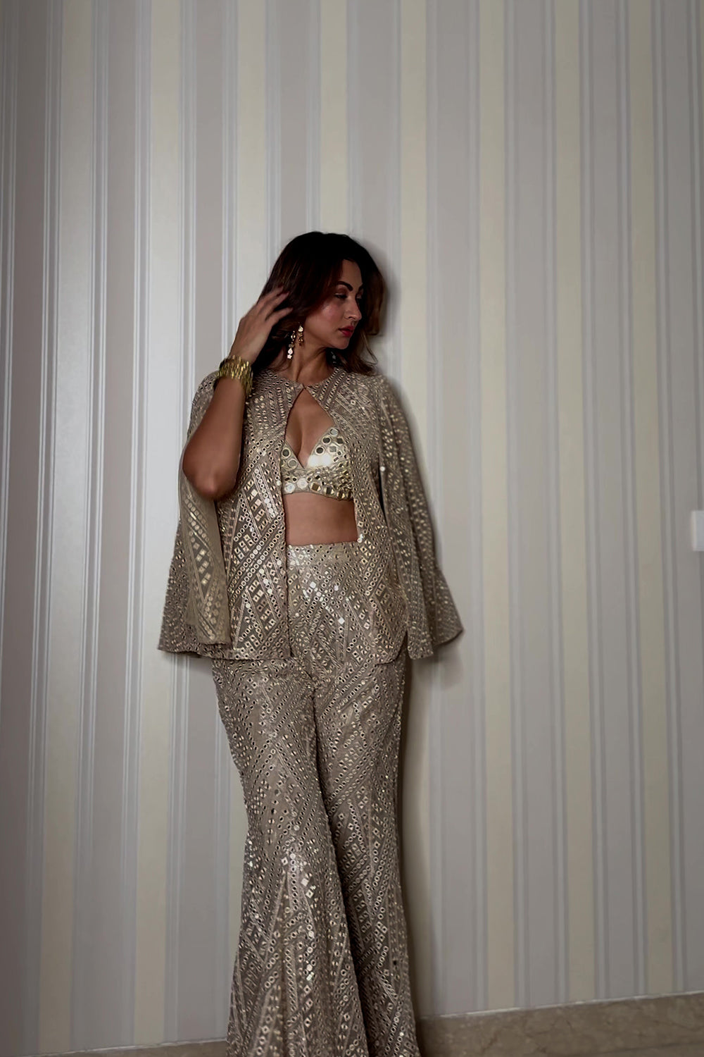 Sukhneet in our Cape sleeves jacke with Bralette and Bootcut Pants