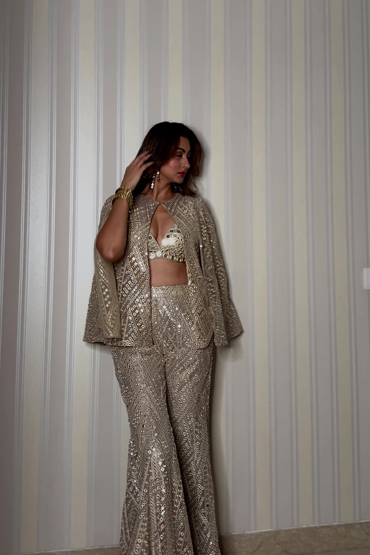 Sukhneet in our Cape sleeves jacke with Bralette and Bootcut Pants