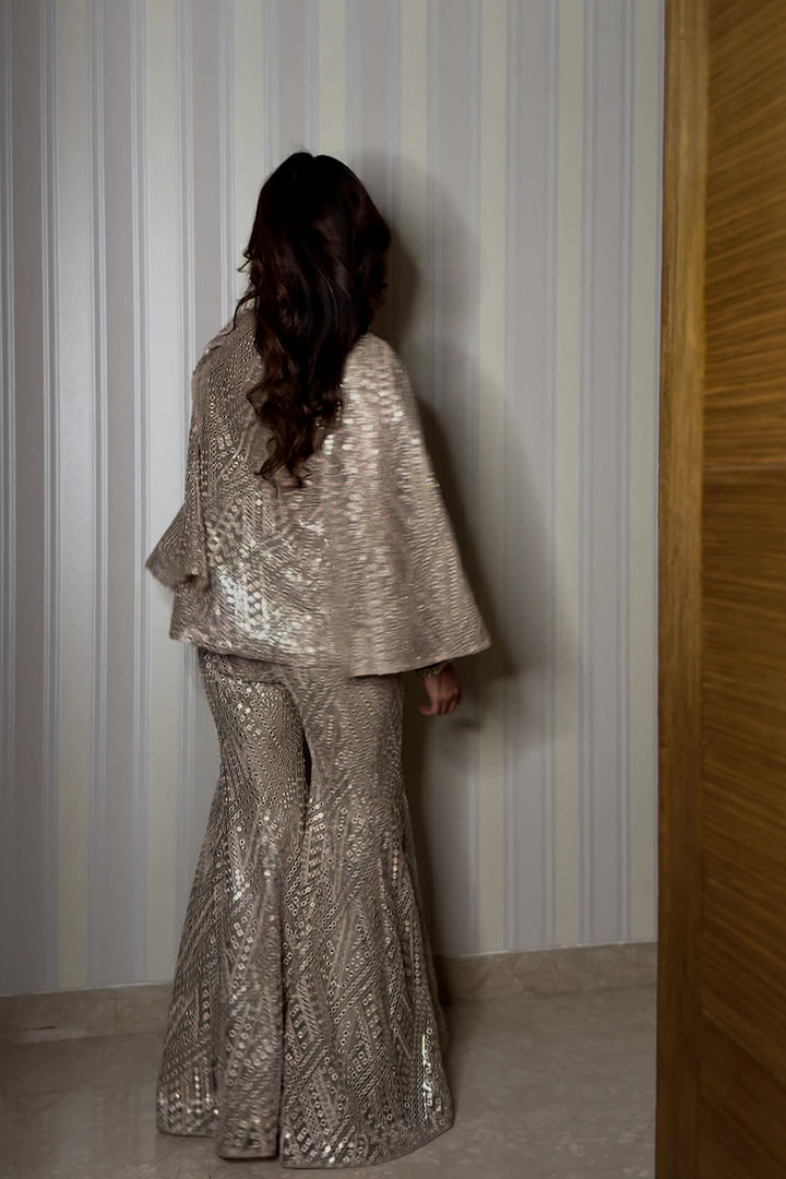 Sukhneet in our Cape sleeves jacke with Bralette and Bootcut Pants