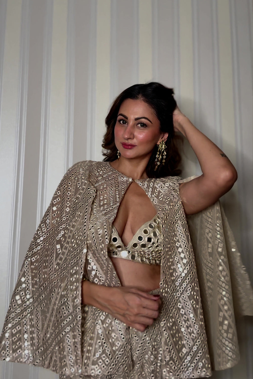 Sukhneet in our Cape sleeves jacke with Bralette and Bootcut Pants