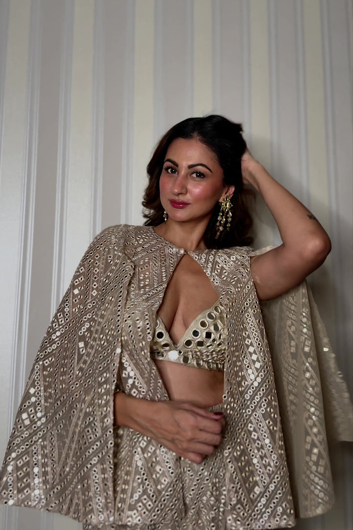 Sukhneet in our Cape sleeves jacke with Bralette and Bootcut Pants