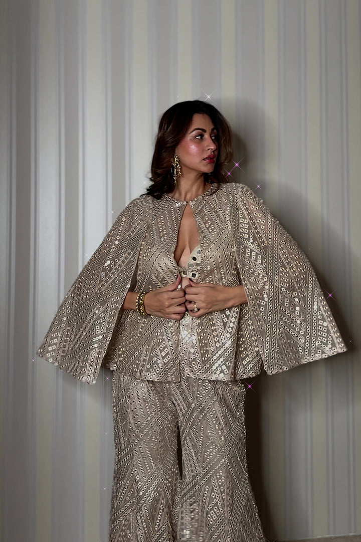 Sukhneet in our Cape sleeves jacke with Bralette and Bootcut Pants