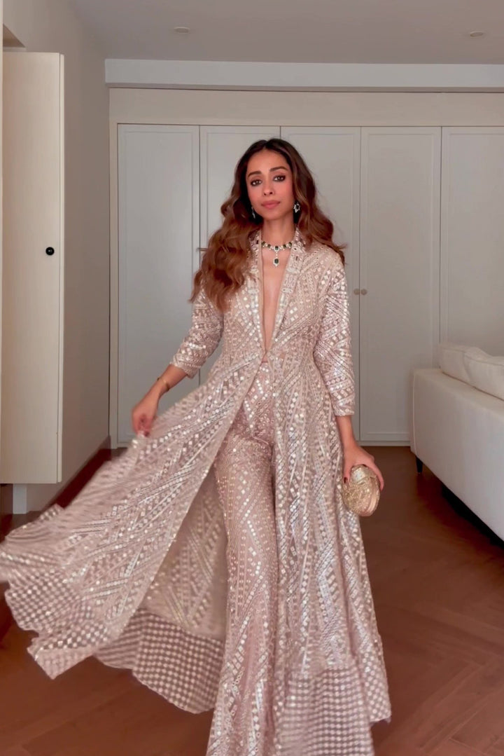 Smridhi in our Asym peplum blazer with Flared Shararas