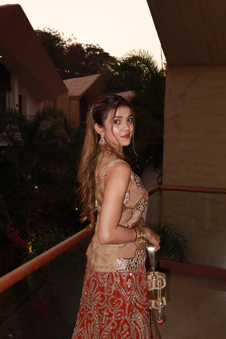 Aahana Shah in our Mirrorwork Fish Cut Lehenga with Gilet and Dupatta