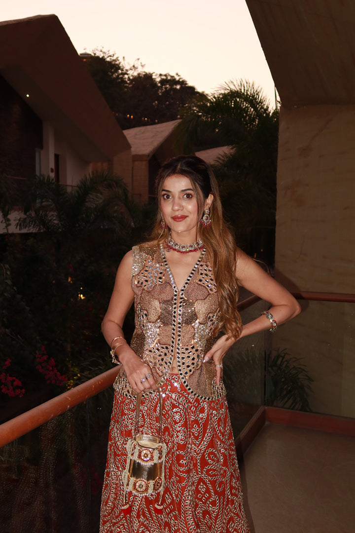 Aahana Shah in our Mirrorwork Fish Cut Lehenga with Gilet and Dupatta