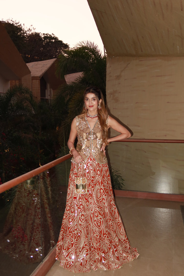 Aahana Shah in our Mirrorwork Fish Cut Lehenga with Gilet and Dupatta