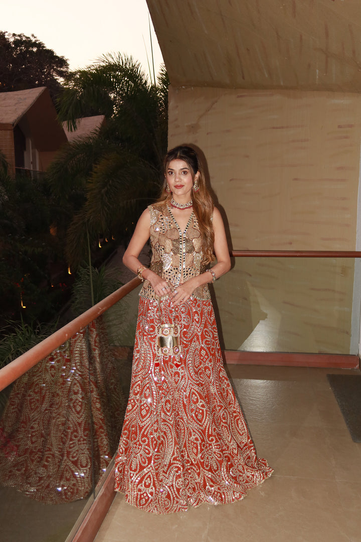Aahana Shah in our Mirrorwork Fish Cut Lehenga with Gilet and Dupatta