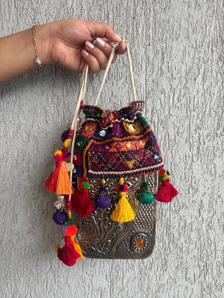 Long metal bag with mirrorwork