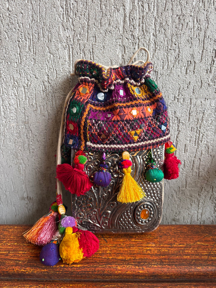 Long metal bag with mirrorwork