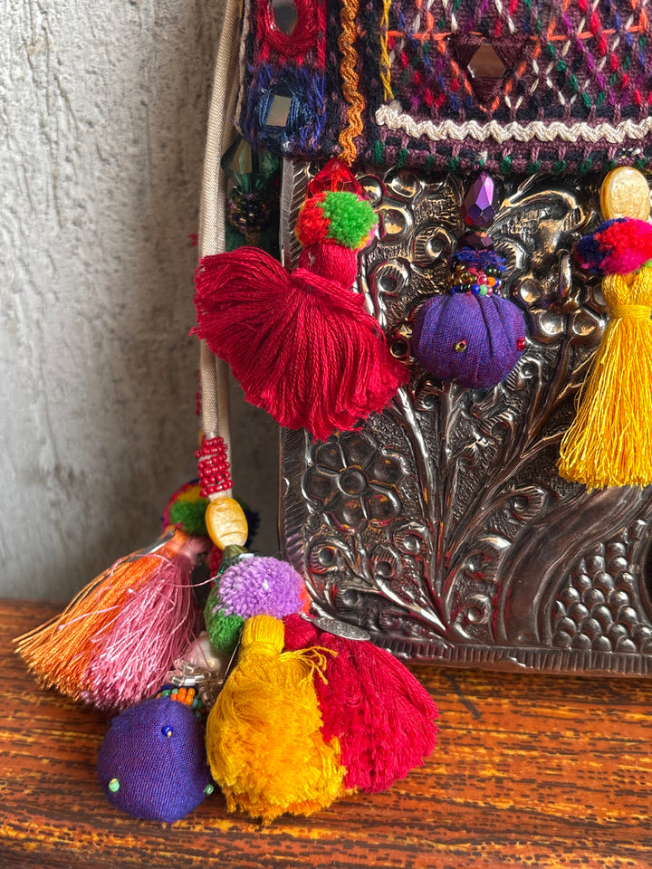 Long metal bag with mirrorwork