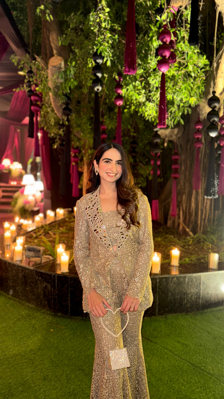 Anushka in our Lace Mirrorwork Jacket, Bandeau and Pants