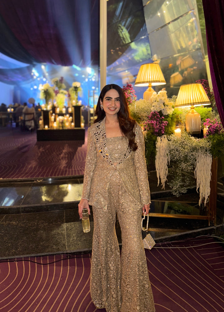 Anushka in our Lace Mirrorwork Jacket, Bandeau and Pants