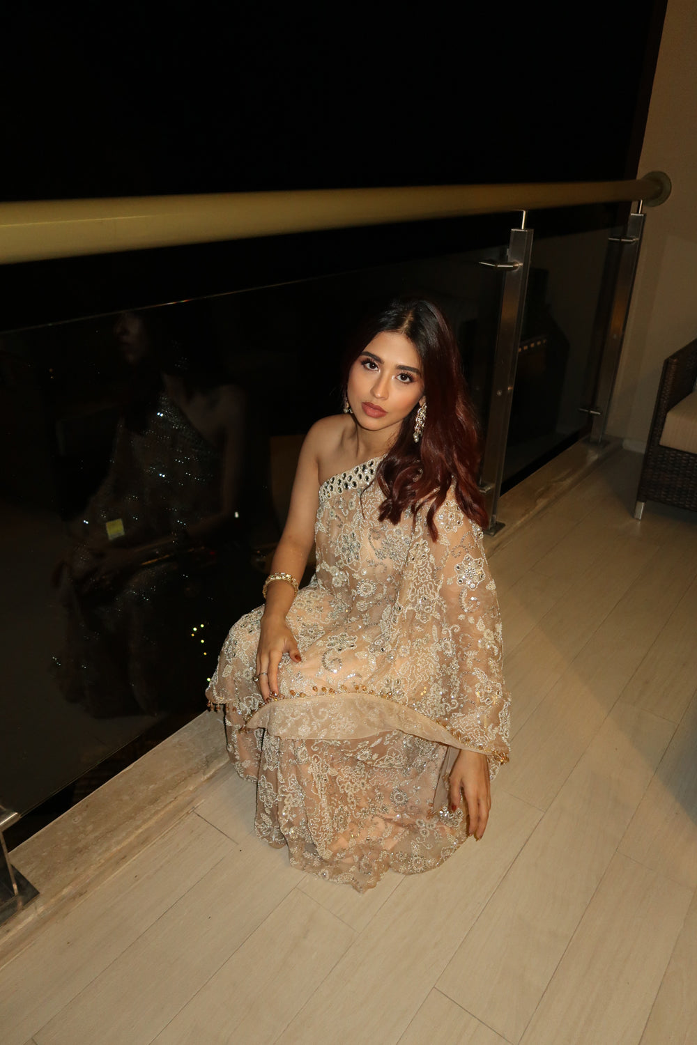 Rehyaa Suneja in our One Shoulder Cape with Bootcut