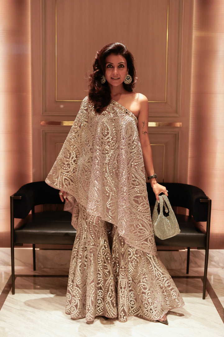 Nriti in our Off Shoulder Embellished Cape with Pants