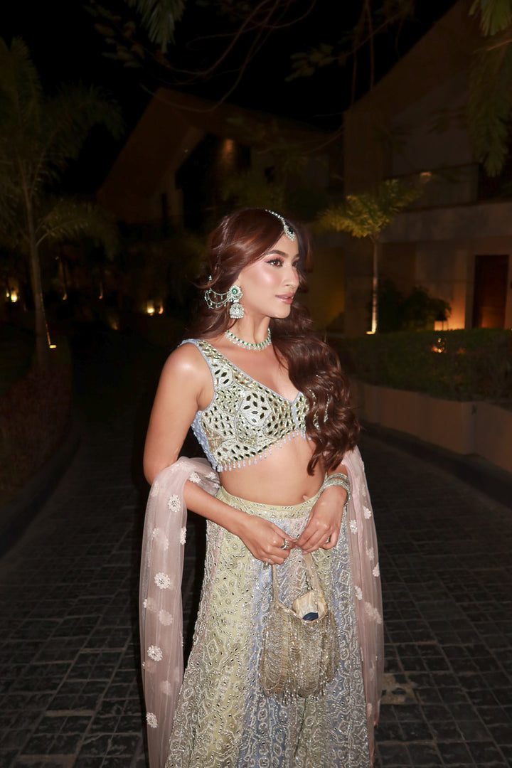 Eisha Malkani in our Mirrorwork Sharara Lehenga with Sleeveless Blouse and Mw Tulle Dupatta