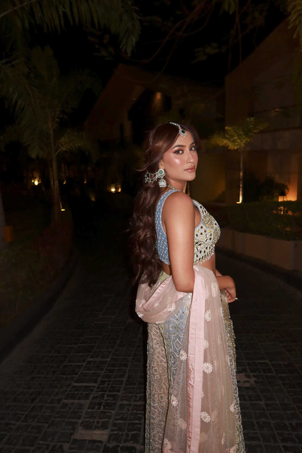 Eisha Malkani in our Mirrorwork Sharara Lehenga with Sleeveless Blouse and Mw Tulle Dupatta
