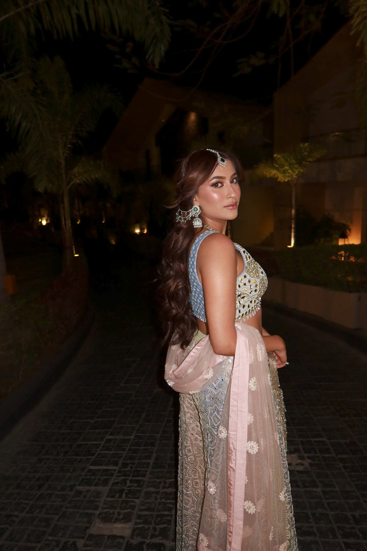 Eisha Malkani in our Mirrorwork Sharara Lehenga with Sleeveless Blouse and Mw Tulle Dupatta