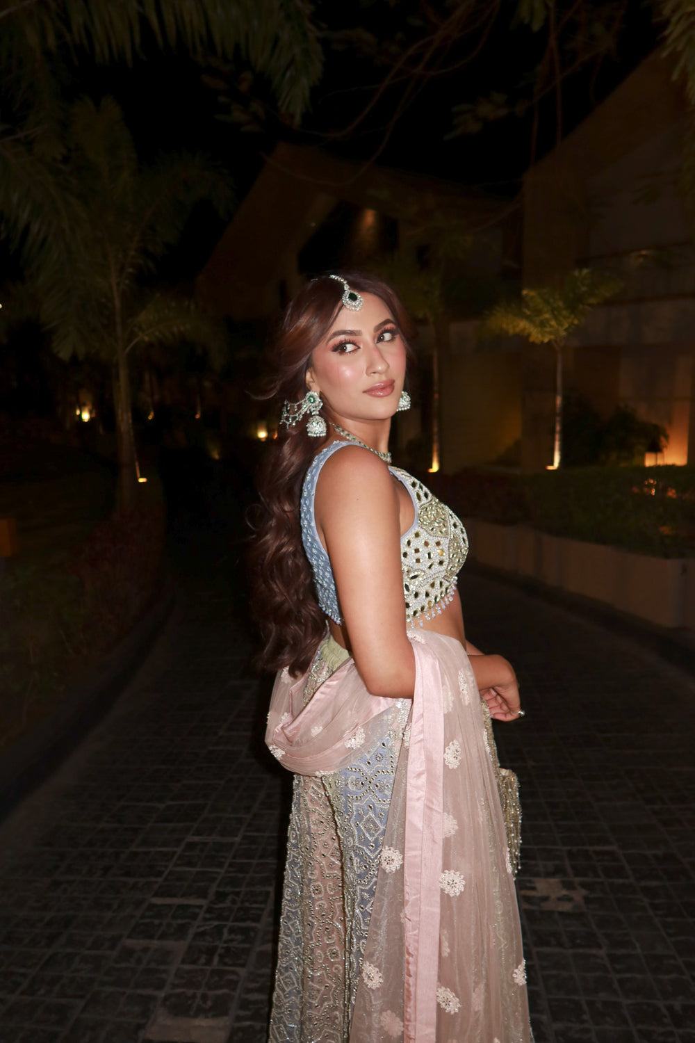 Eisha Malkani in our Mirrorwork Sharara Lehenga with Sleeveless Blouse and Mw Tulle Dupatta