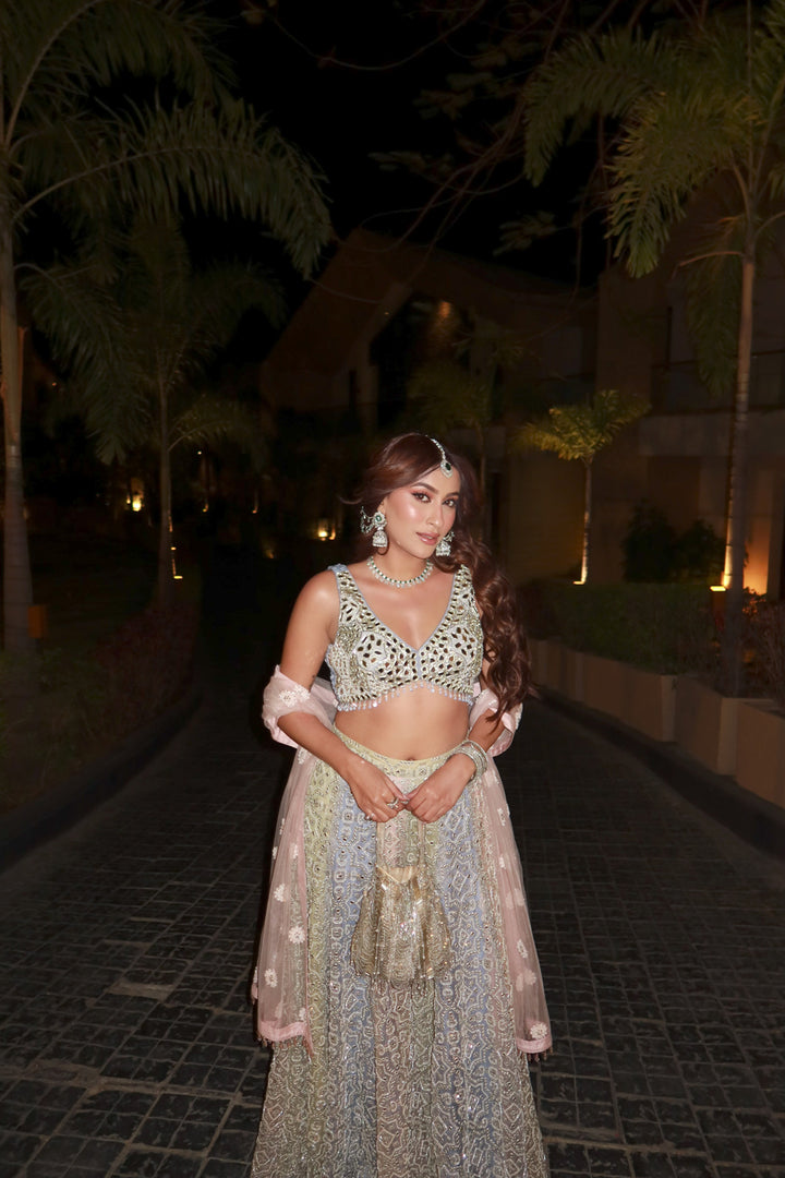 Eisha Malkani in our Mirrorwork Sharara Lehenga with Sleeveless Blouse and Mw Tulle Dupatta