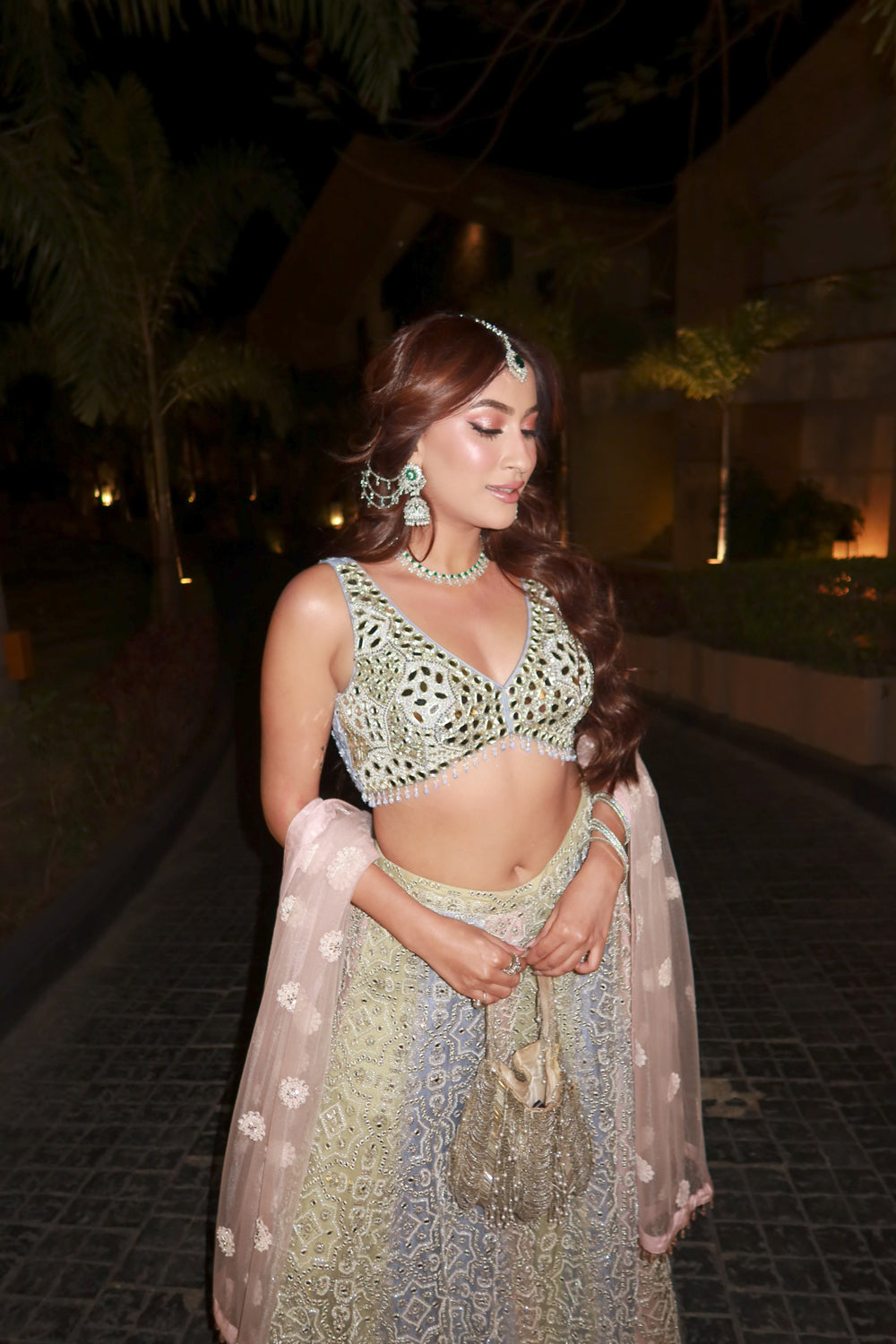 Eisha Malkani in our Mirrorwork Sharara Lehenga with Sleeveless Blouse and Mw Tulle Dupatta