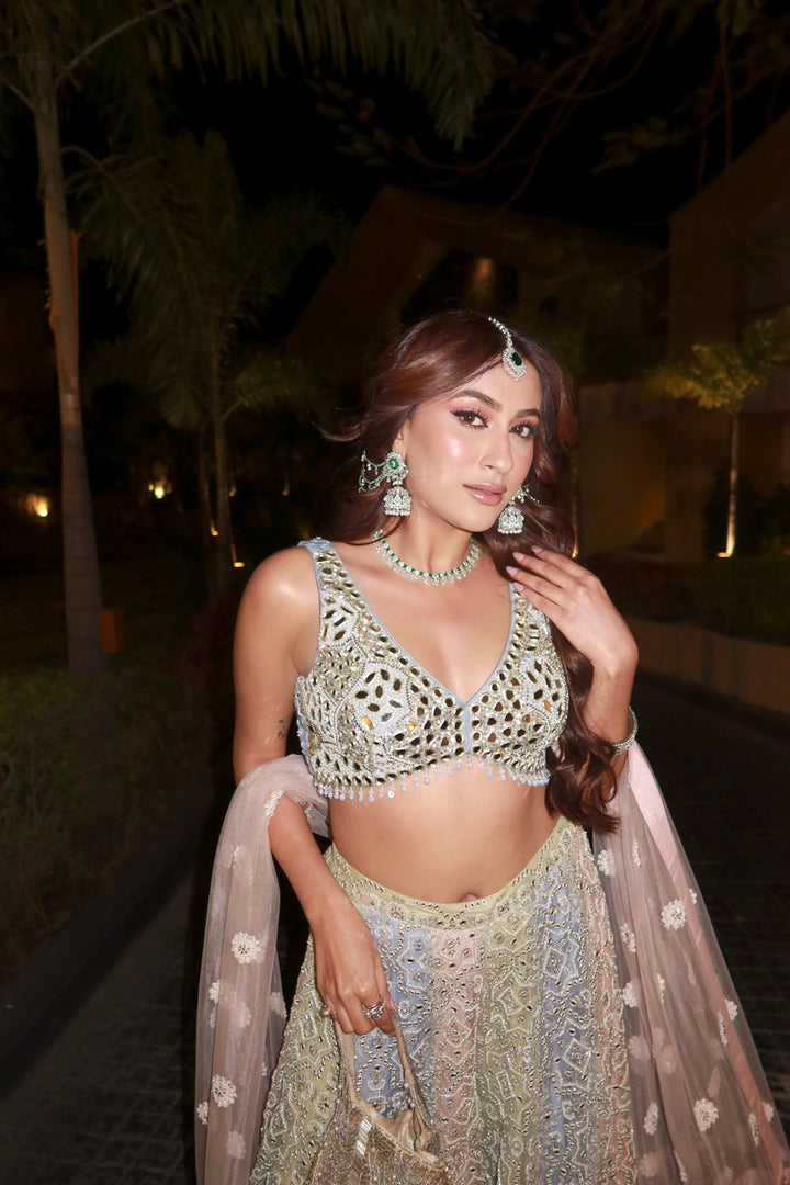 Eisha Malkani in our Mirrorwork Sharara Lehenga with Sleeveless Blouse and Mw Tulle Dupatta