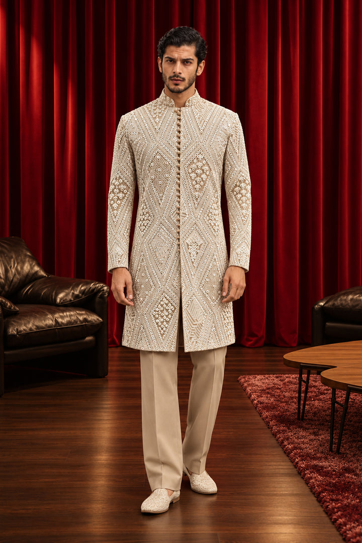 The Alaric Mirrorwork Rising Neck Potli Button Front Open Kurta Set