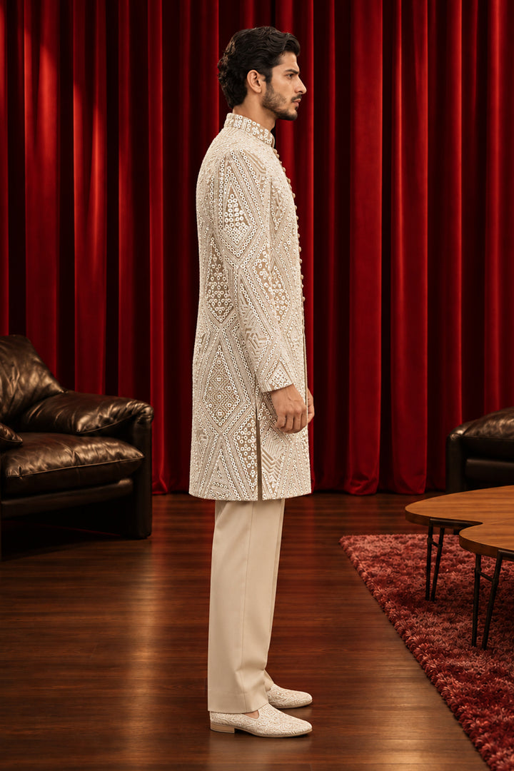The Alaric Mirrorwork Rising Neck Potli Button Front Open Kurta Set
