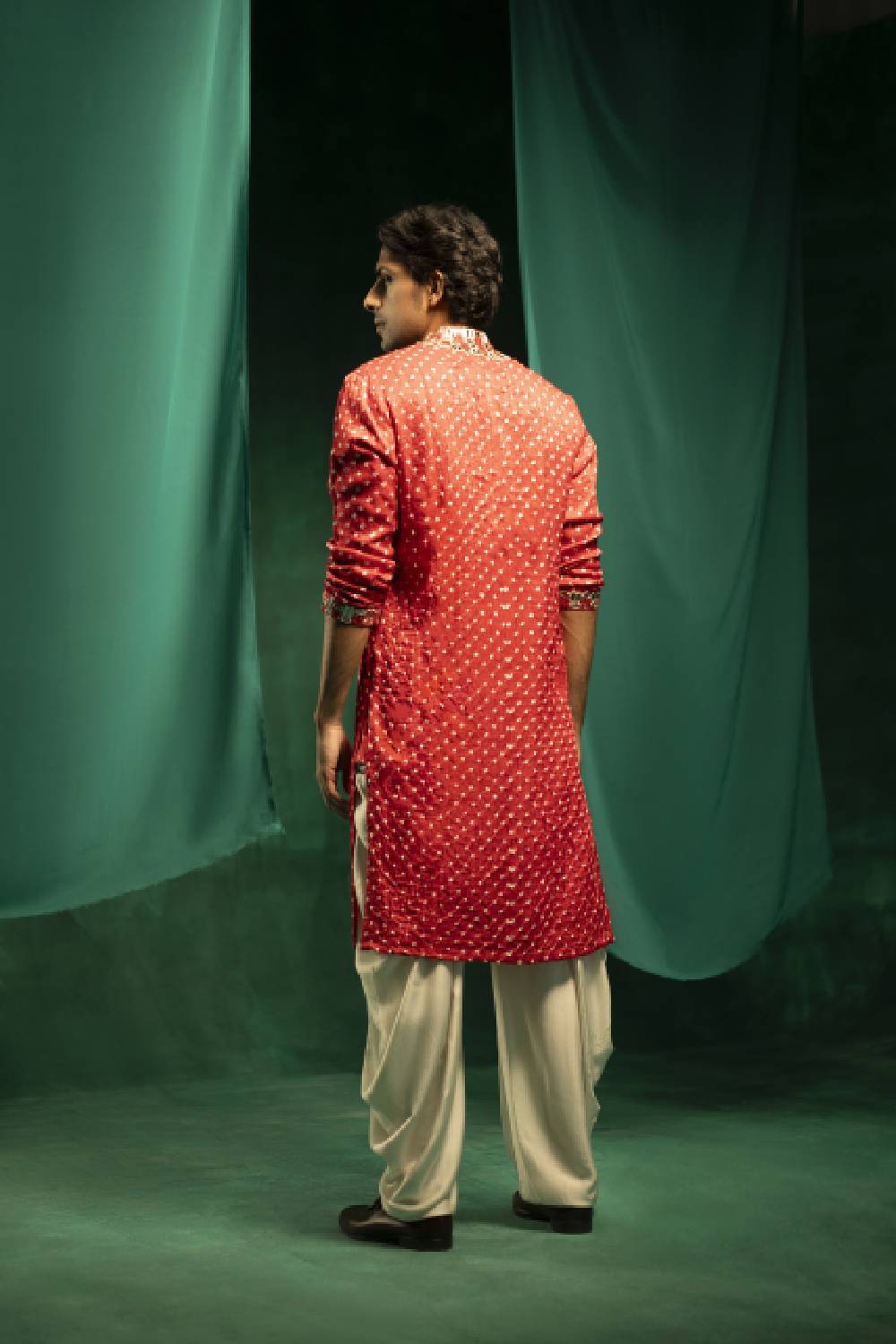 Red Bandhani Mirror Embellished Kurta Set