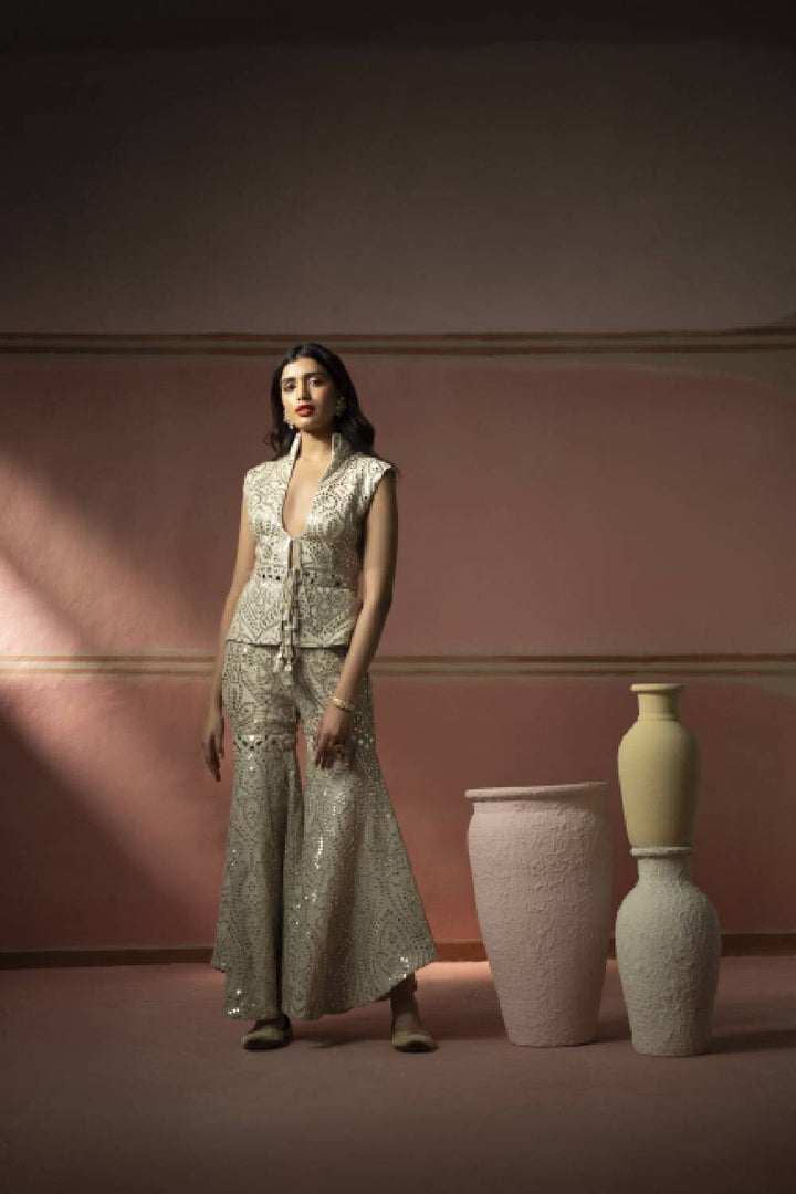 Embellished Asymmetrical Sharara in Silver Zari Mirrorwork