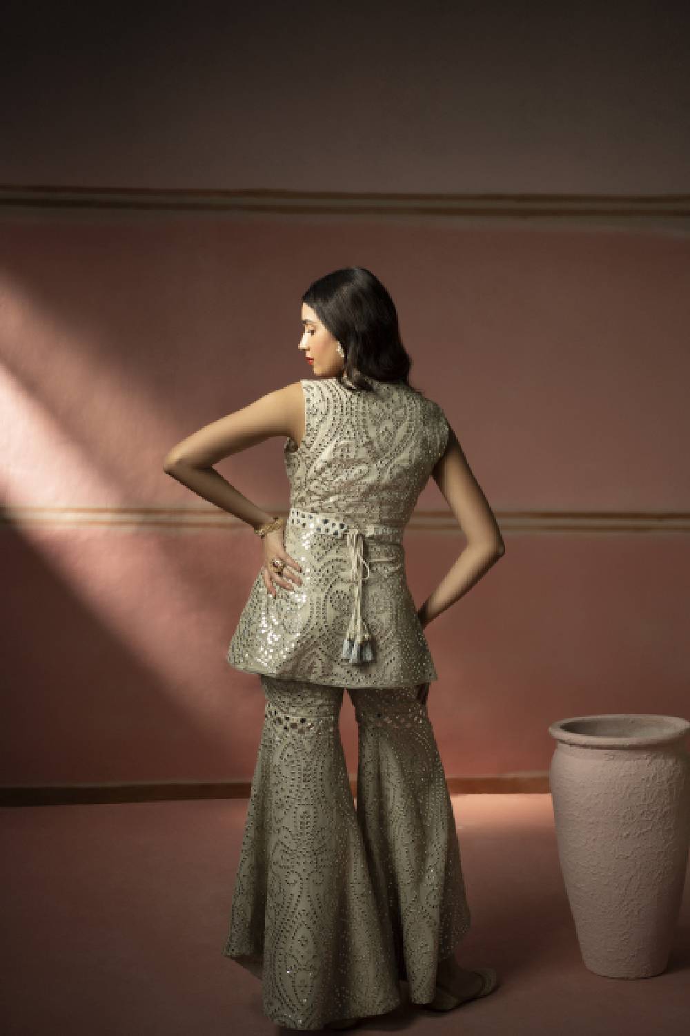 Embellished Asymmetrical Sharara in Silver Zari Mirrorwork