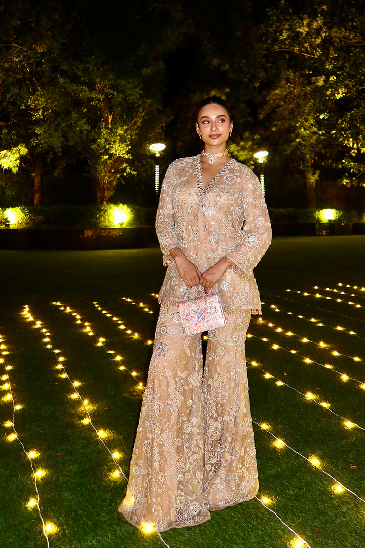 Nihareeka Singh in Our Mirrorwork Blazer with Bralette and Shararas Pants