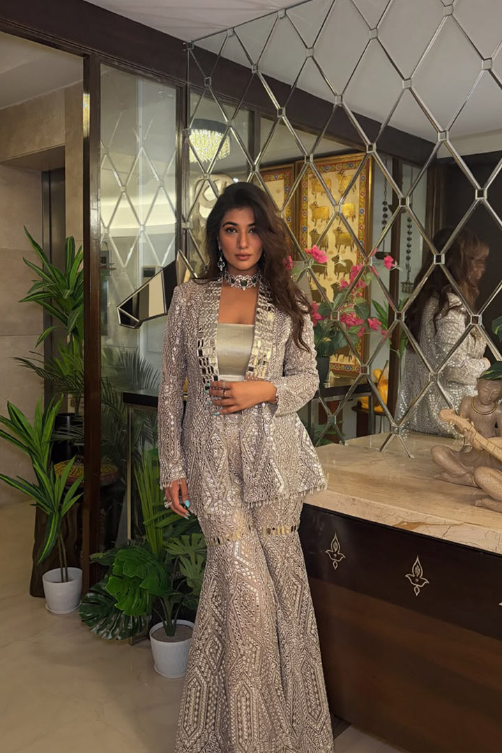 Suhani Chandok In Our Shawl Collar Jacket with Brocade Bandeau and Mirrorwork Shararas