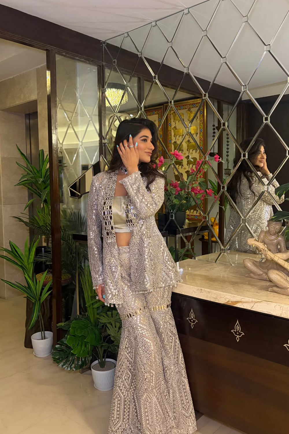 Suhani Chandok In Our Shawl Collar Jacket with Brocade Bandeau and Mirrorwork Shararas